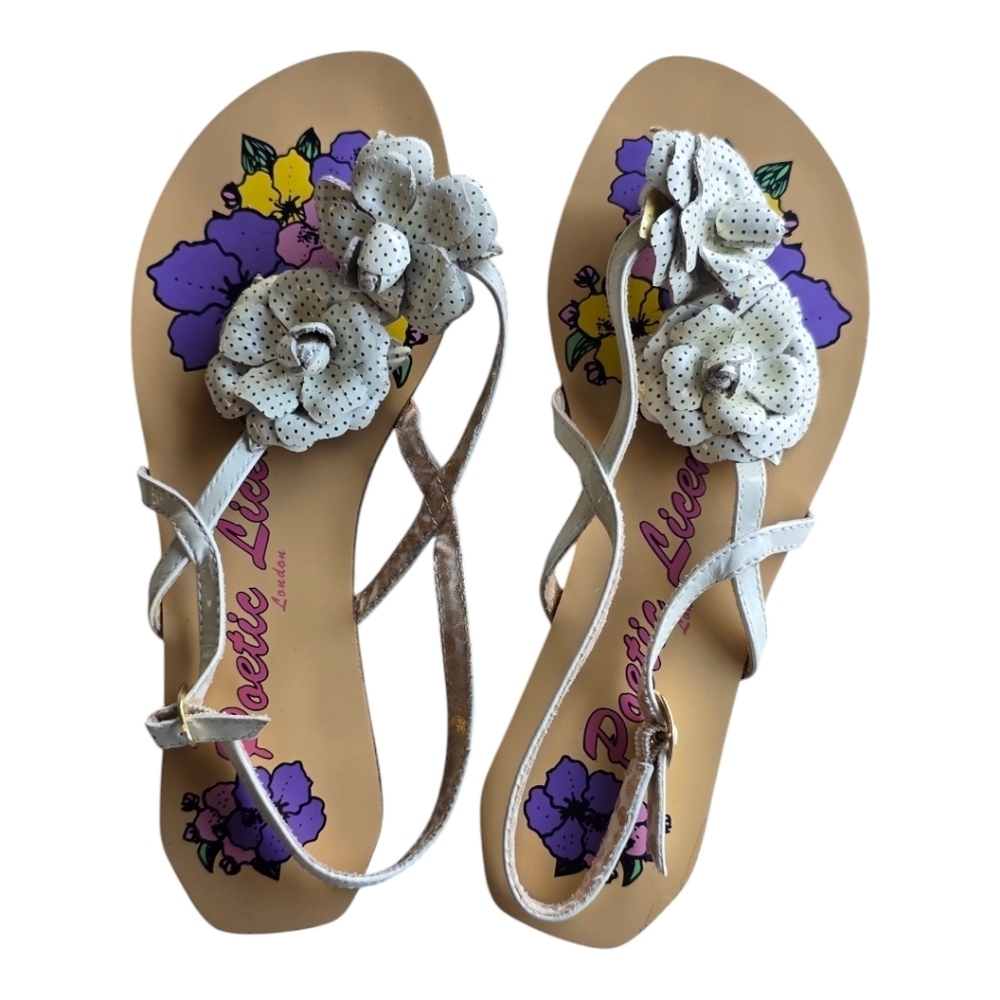 Poetic License London Leather Floral Sandals 8.5M Thong Buckle Boho Artsy New